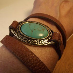 Premier Design Wrap Bracelet Brown Faux Leather with Cabochon Faux Turquoise